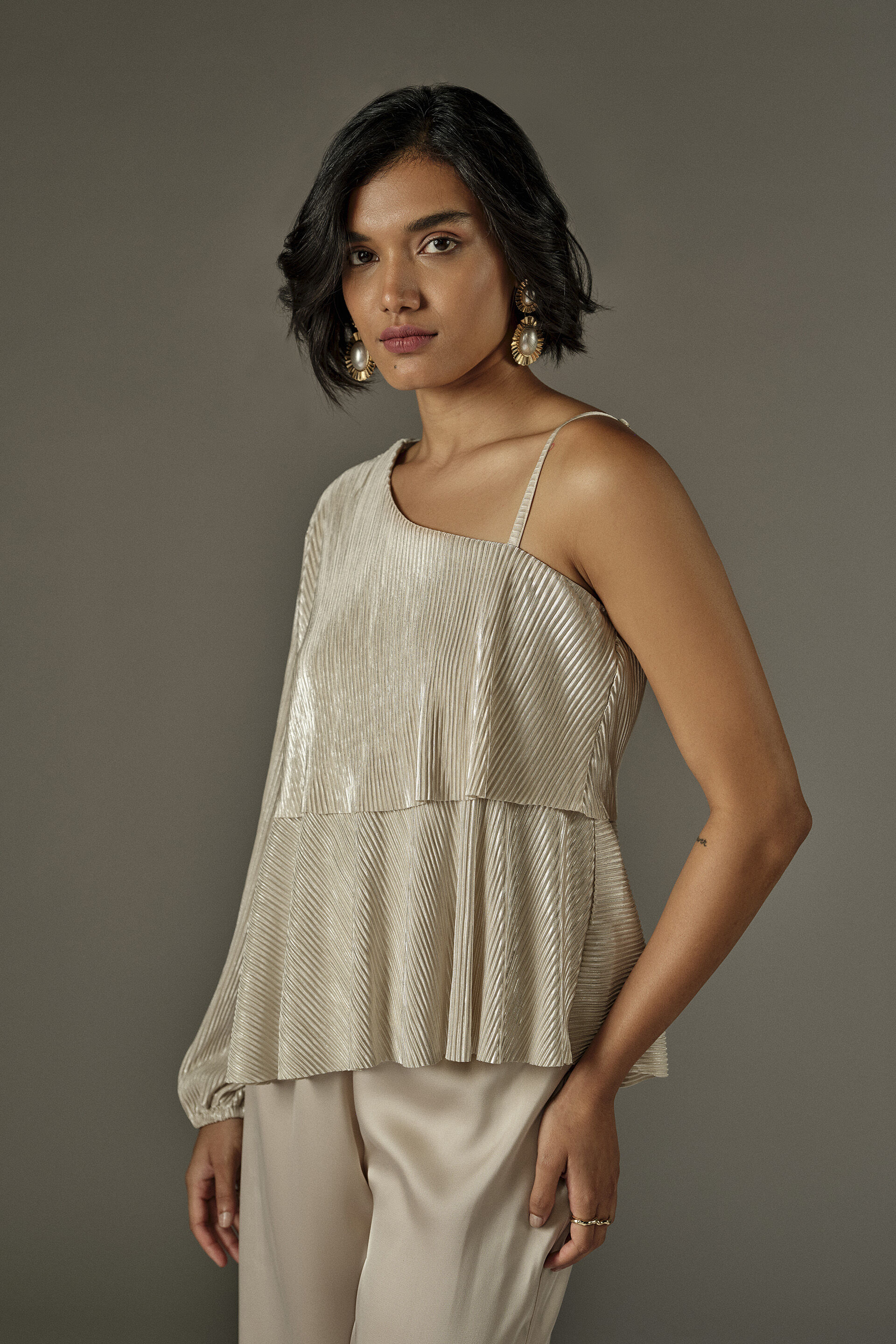 Accordion Pleated Layerd Top in Cream, White, image 2